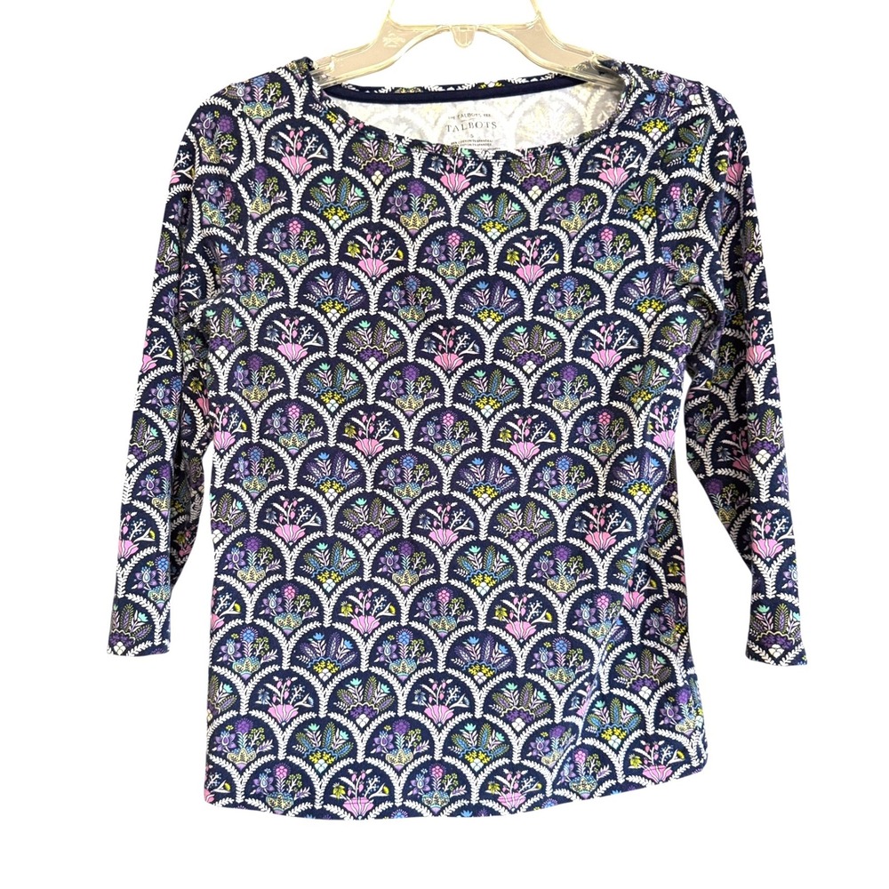 Talbots Boatneck Tee Navy S Scallop Floral 3/4 Sleeve Cotton Stretch Top T Shirt